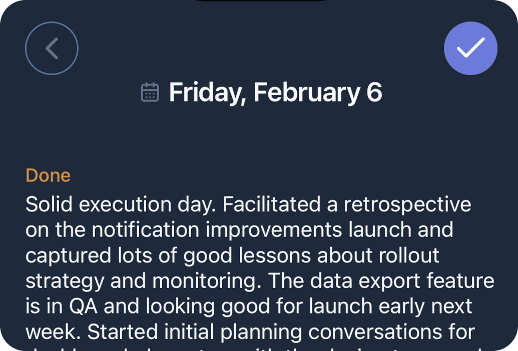 Daily note writing with Done, Learned, Next structure